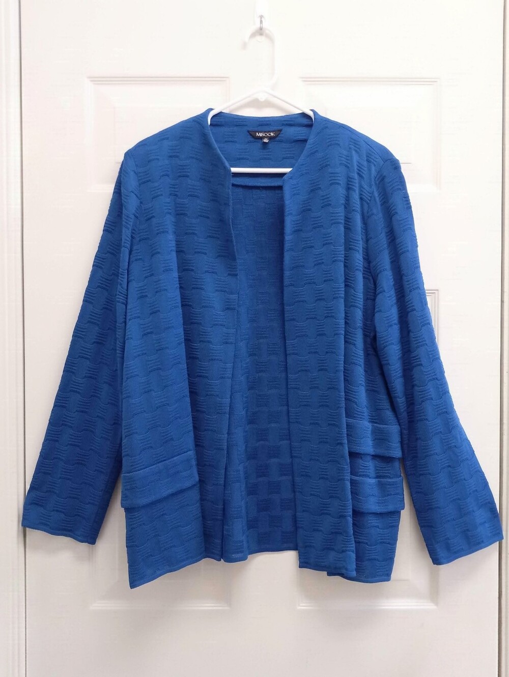 VTG Misook Open Front Cardigan Textured Knit Blue 2X Quiet Luxury 90s Office